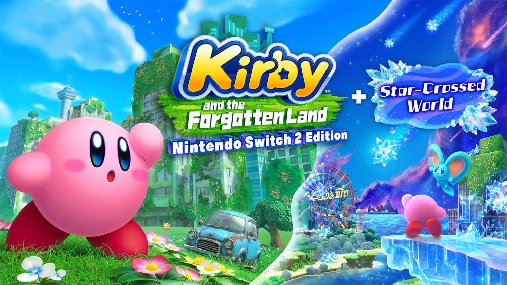 Promotional art for Kirby and the Forgotten Land - Nintendo Switch 2 Edition + Star-Crossed World, whose title is, appropriately, a mouthful