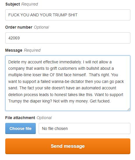 A screenshot from the online form you have to use on the Sticker Mule website in order to request account deletion. There are no other ways to get your account deleted other than potentially breaking their TOS, but why would you send money or attempt to get a product from a company that supports Ol' Shit Face