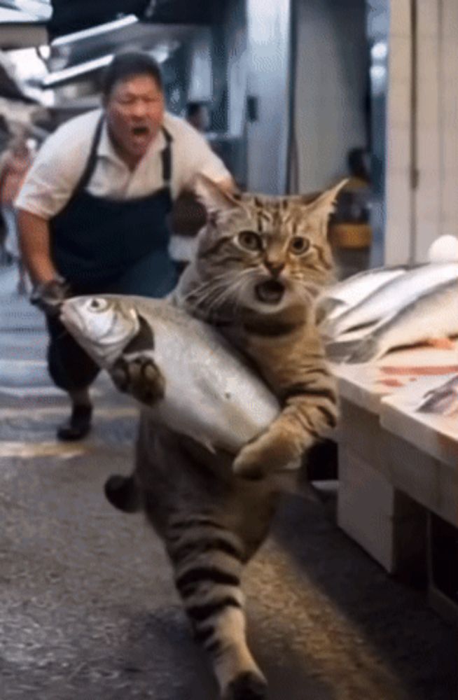 a cat is carrying a large fish in its mouth