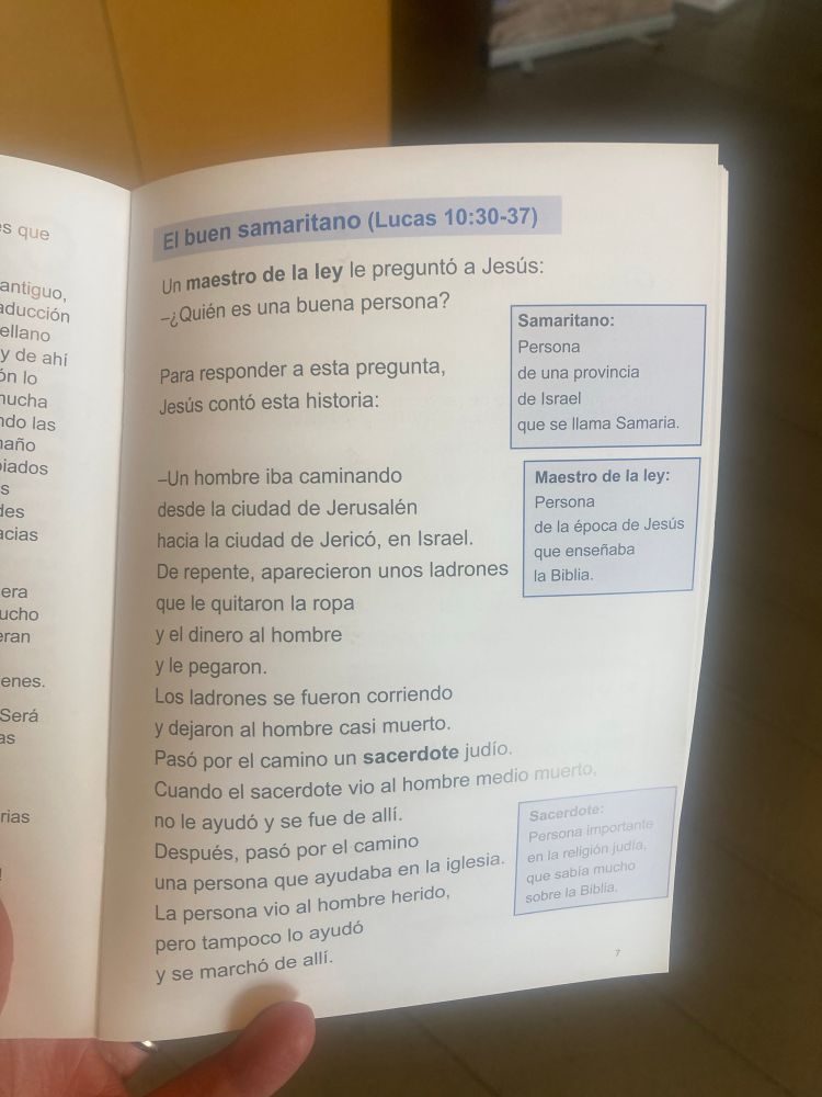 A sample page from the booklet of the parable of the Good Samaritan 