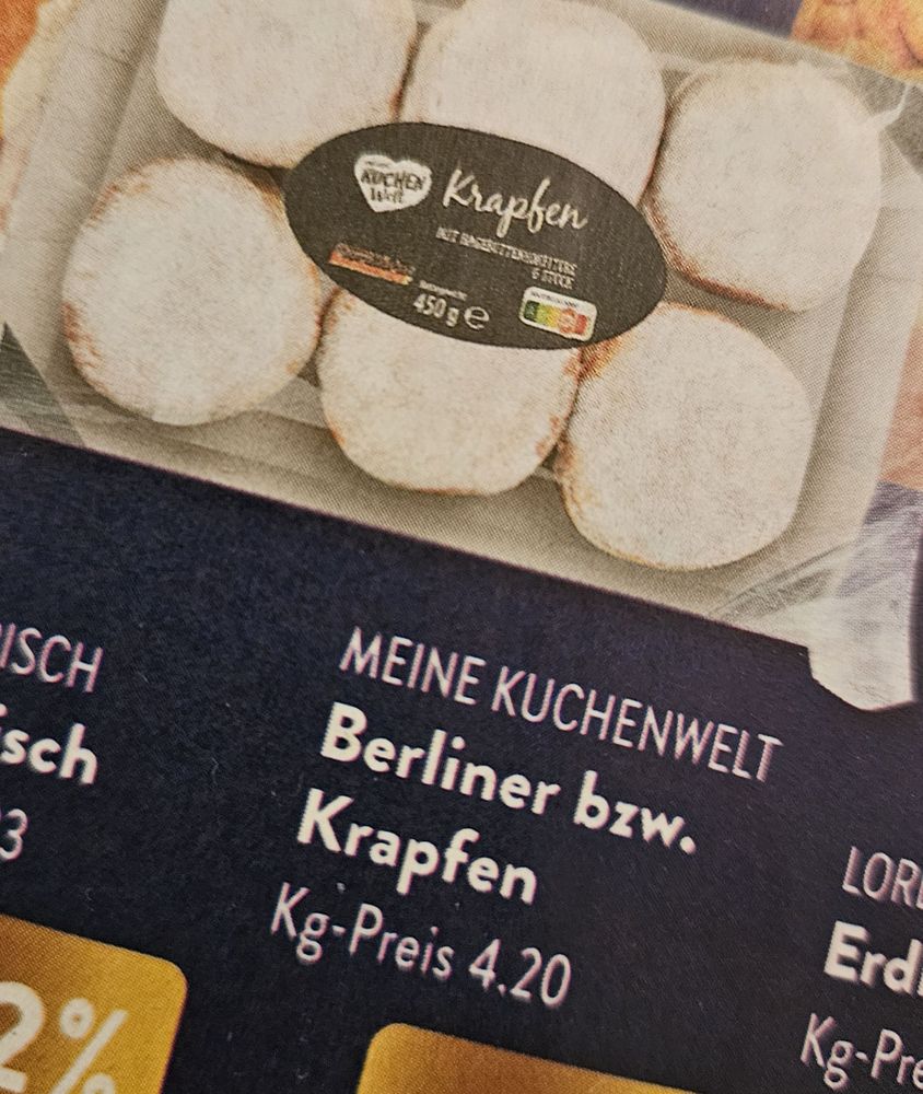 AldiSüd-Anzeige, Text: Berliner bzw Krapfen. Abgebildet ist ein 6er Karton Kreppel.