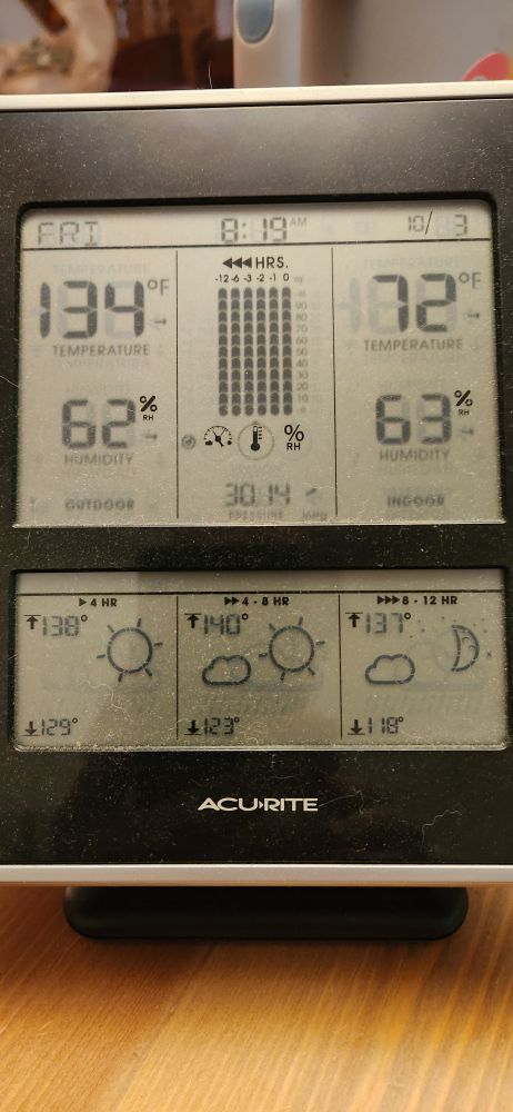 A home weather station predicting outside temperatures up to 140°F today.  It might need new batteries. 