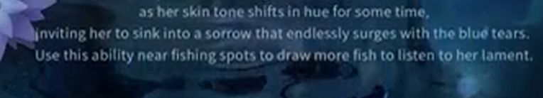 Infinity Nikki banner preview screenshot:
"As her skin tone shifts in hue for some time, inviting her to sink into a sorrow that endlessly surges with the blue tears. Use this ability near fishing spots to draw more fish to listen to her lament."