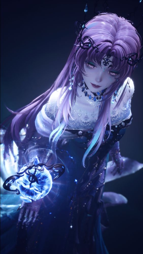 Infinity Nikki photo of a woman with long purple hair pondering a floating orb