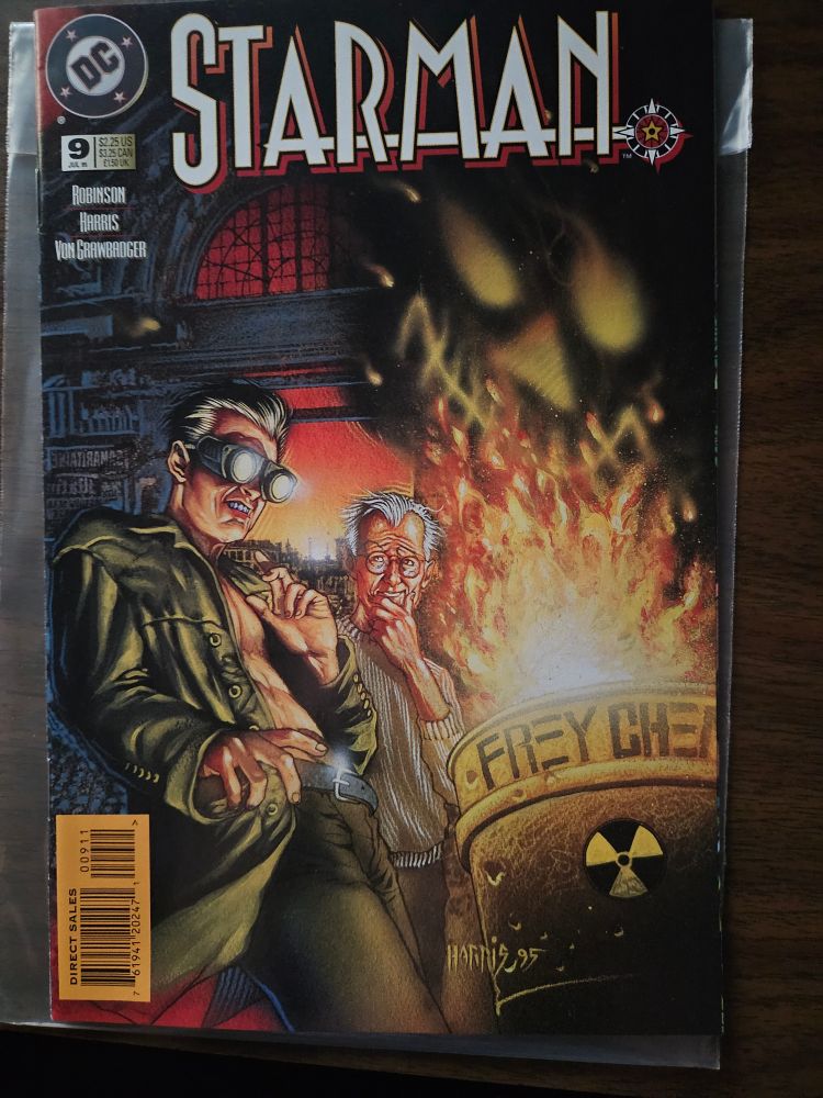 Cover to Starman #9 featuring Starman (Jack Knight) and his father Starman (Ted Knight). Art by Tony Harris.