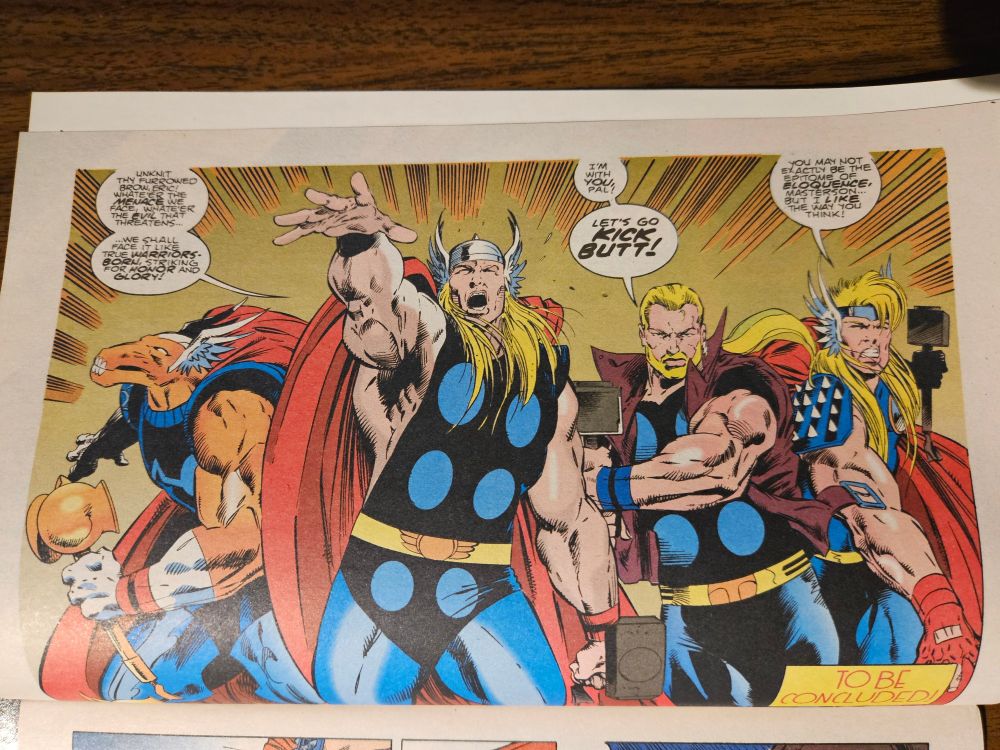 Interior page of Thor Corps #3, from left to right: Beta Ray Bill, Thor, Thunderstrike & Dargo Ktor. Written by Tom Defalco. Art by Patrick Ollifee & Romeo Tanghal.