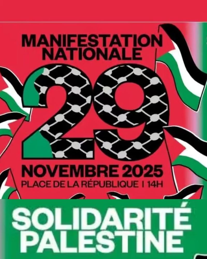 Affiche rouge et verte : "MANIFESTATION NATIONALE, 29 NOVEMBRE 2025, Place de la République, 14h, SOLIDARITÉ PALESTINE"