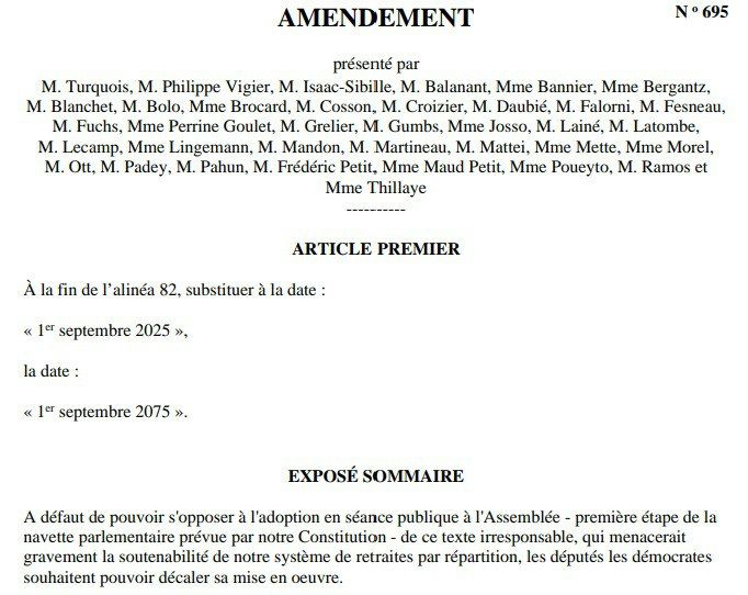 Amendement 695 par M. Turquois, M. Philippe Vigier, M. Isaac-Sibille, M. Balanant, Mme Bannier, Mme Bergantz, M. Blanchet, M. Bolo, Mme Brocard, M. Cosson, M. Croizier, M. Daubié, M. Falorni, M. Fesneau, M. Fuchs, Mme Perrine Goulet, M. Grelier, M. Gumbs, Mme Josso, M. Lainé, M. Latombe, M. Lecamp, Mme Lingemann, M. Mandon, M. Martineau, M. Mattei, Mme Mette, Mme Morel, M. Ott, M. Padey, M. Pahun, M. Frédéric Petit, Mme Maud Petit, Mme Poueyto, M. Ramos et Mme Thillaye

ARTICLE PREMIER
À la fin de l’alinéa 82, substituer à la date :
« 1er septembre 2025 »,
la date :
« 1er septembre 2075 ».