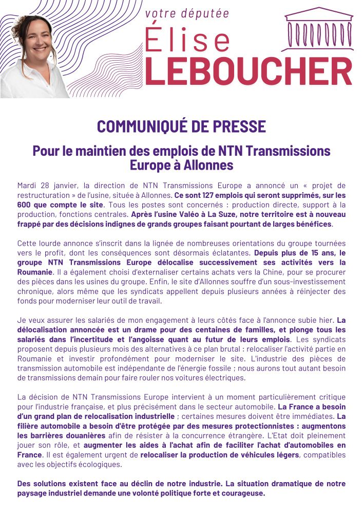 Communiqué de presse. Pour le maintien des emplois de NTN Transmissions Europe à Allonnes