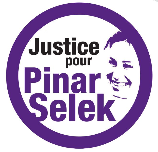 Visuel : cercle violet dans lequel il est inscrit Justice Pour Pinar Selek, avec la photo de Pinar Selek à côté