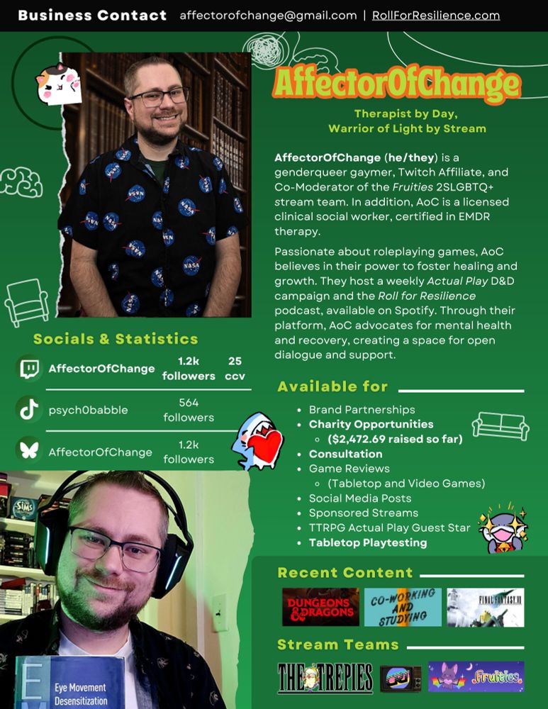 Green graphic of a media kit, including two photos of AoC with glasses, one in a library, and another with a library in the backdrop. 