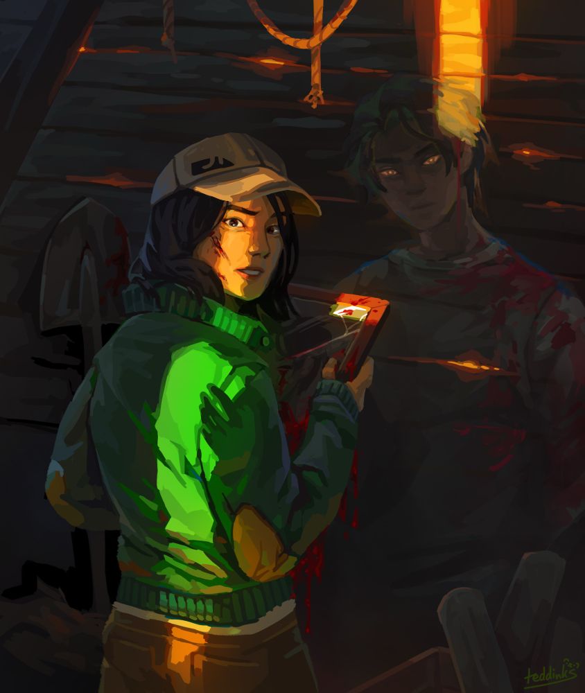 art by @teddinks!

a chinese american woman in a green jacket and dad cap looks over her shoulder in alarm at the viewer. beside her is a ghostly, bloodied specter of a man, also looking at the viewer.