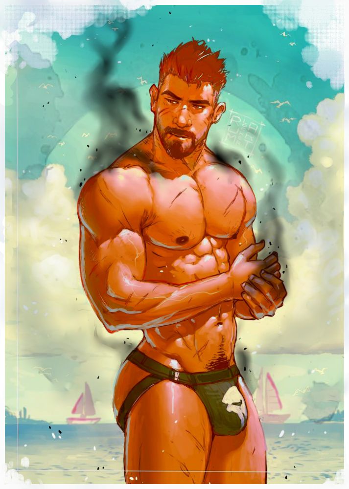 Gabriel Reyes Reaper overwatch fanart on the beach wearing black jockstrap