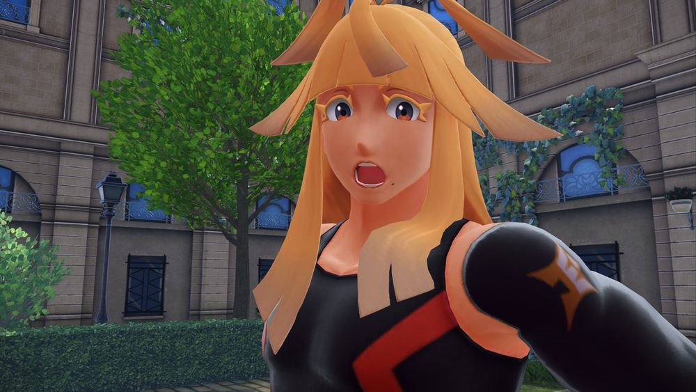 Ivor from Pokémon Legends Z-A turning to Jacinthe with his mouth hanging open