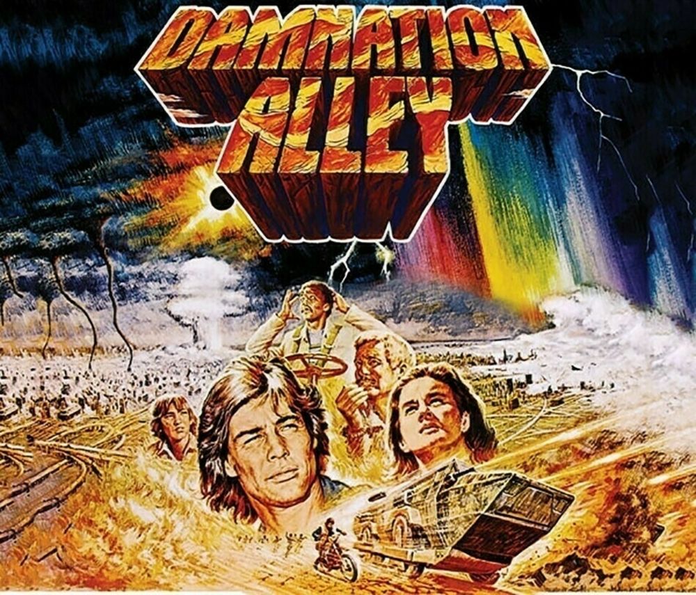 Auto-generated description: A dynamic, illustrated movie poster features intense expressions, a futuristic vehicle, and the title Damnation Alley prominently displayed in a fiery style amidst a chaotic, apocalyptic landscape.