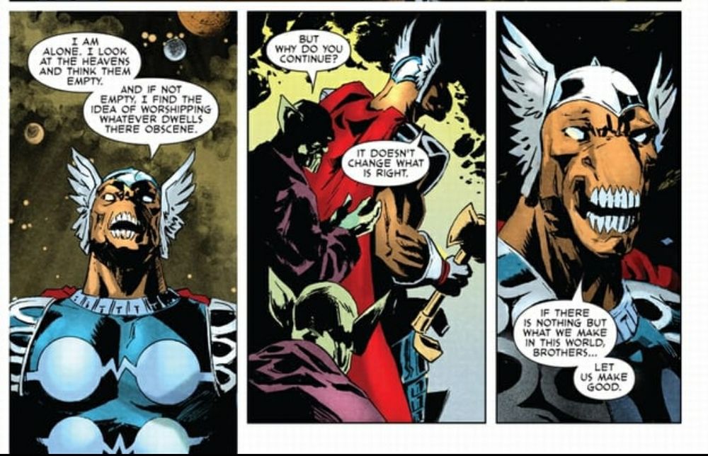 Three panels from Beta Ray Bill: Green of Eden. "If there is nothing but what we make in thes world. Let us make good"