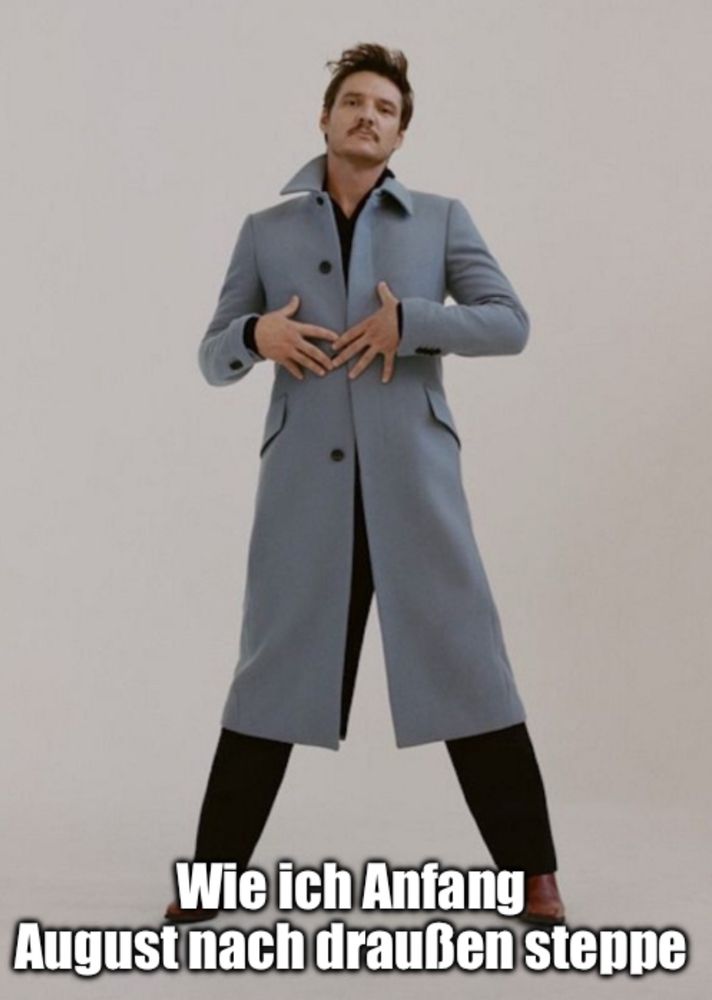 Pedro Pascal in grauem Mantel mit Händen vorm Bauch schaut cool in die Kamera
