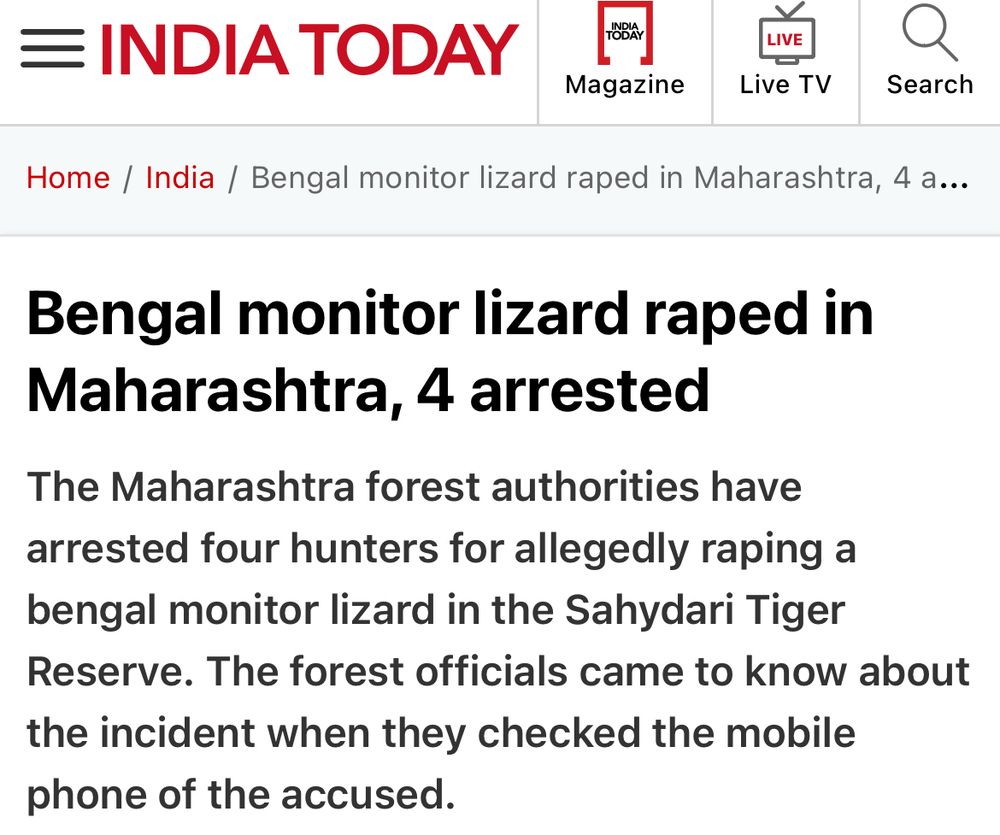 INDIA TODAY TODAY
Magazine

Bengal monitor lizard raped in Maharashtra, 4 arrested
The Maharashtra forest authorities have arrested four hunters for allegedly raping a bengal monitor lizard in the Sahydari Tiger Reserve. The forest officials came to know about the incident when they checked the mobile phone of the accused.