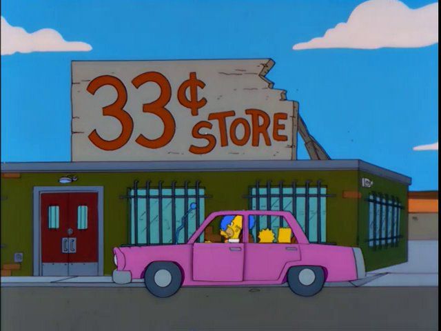 The Simpsons parking their car in front of of the 33 Cent Store
