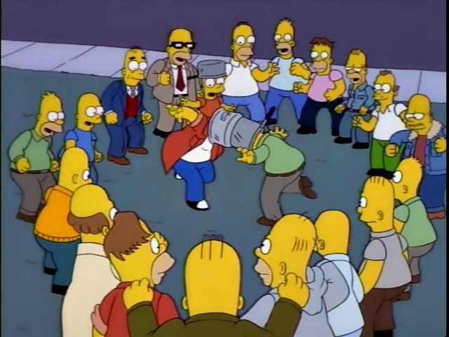 Simpsons men banging into each other with pans on their heads