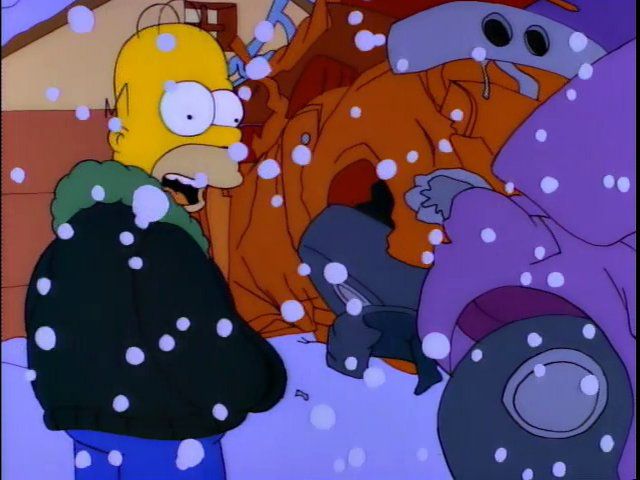 Homer, driving drunk in a snowstorm, crashes his car into his other car.