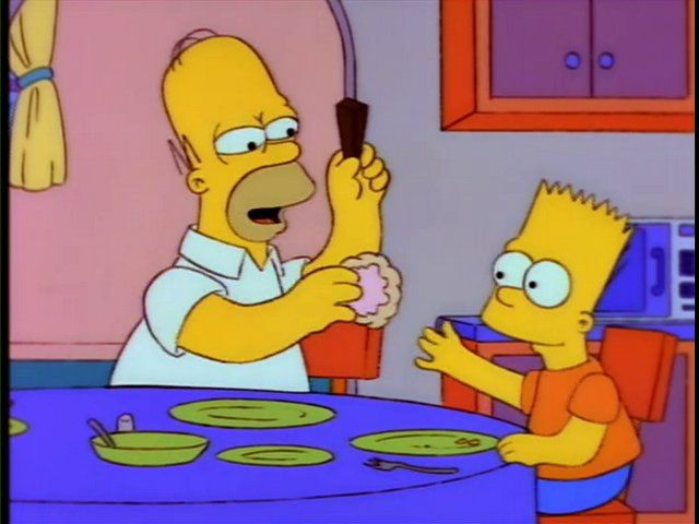 Homer Simpson trading a crummy old danish for a delicious doorstop