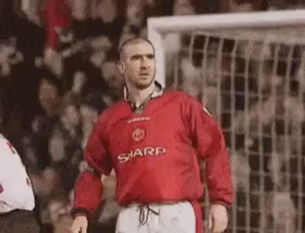 a man in a red sharp shirt stands in front of a goal