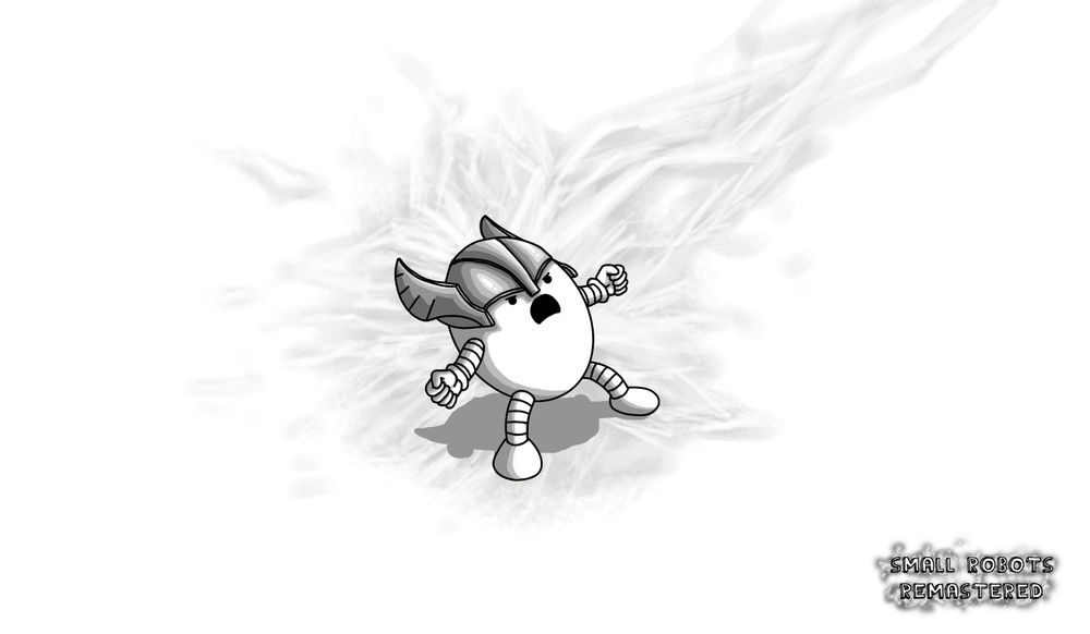 An ovoid robot with banded arms and legs, wearing a winged helmet and standing in a wide-legged stance with its fists clenched, roaring in exultation as a lightning bolt strikes it, surrounding it with crackling energy. The Small Robots Remastered logo in the bottom right is also wreathed in lightning.