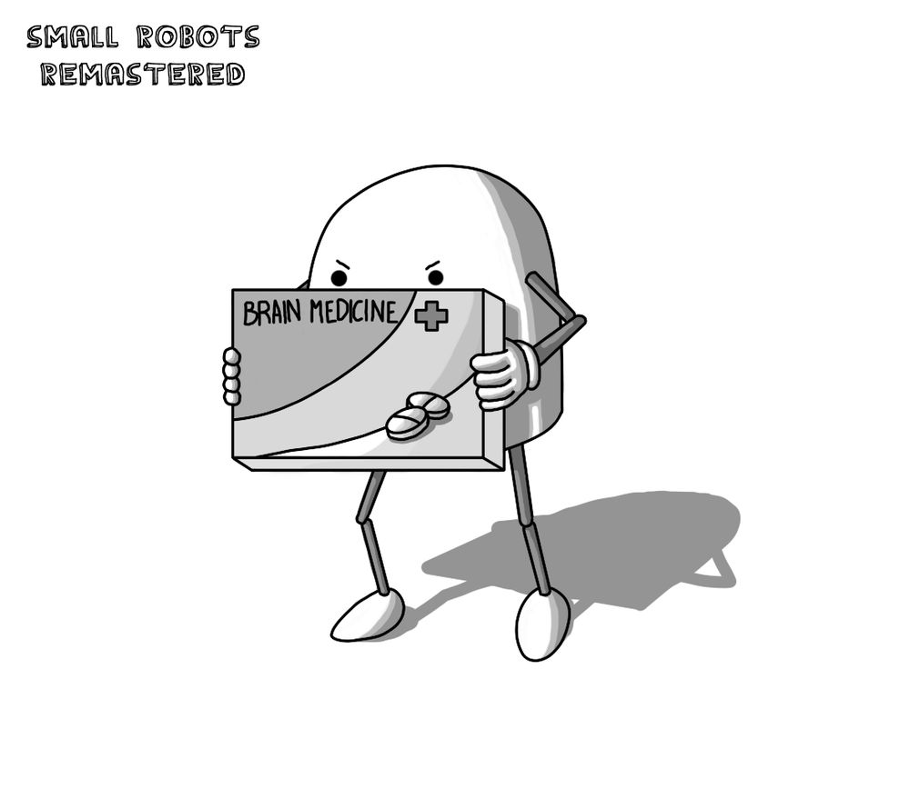 A round-topped robot with slim, jointed arms and legs holding a cuboid box of tablets in both hands and frowning at it. The box says "BRAIN MEDICINE" on it and has a little illustration of two tablets.