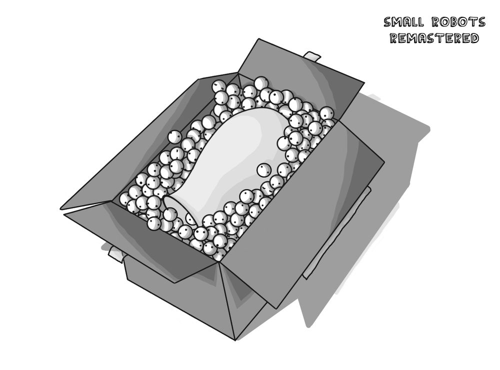 A cardboard box, open at the top and containing a ceramic vase lying on its side which is surrounded by many tiny, spherical robots, packed tightly against it. The robots are literally just spheres with eyes on them. Some of them are asleep.