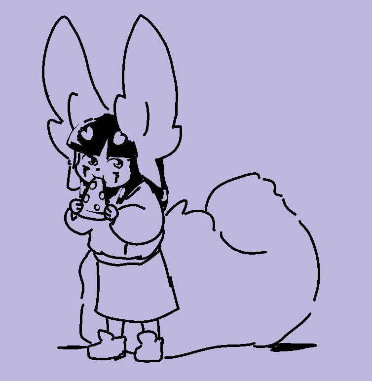 Weird little red panda esque creature with giant ears and tail named Juniper Pines eating a pizza like some kind of squirrel or small animal and staring cautiously at you. Please do not steal her pizza