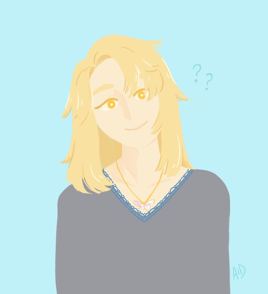 Ailen! He's got blonde hair and yellow eyes. Smiling with his head tilted, a little confused.