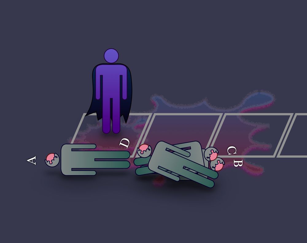 A close-up of one end of the battlefield, showing three squares in a row. A caped purple figure stands over the bodies of three slain undead with exposed brains, the floor stained with translucent blood. The entire scene is rendered in simple Powerpoint-esque vector graphics.