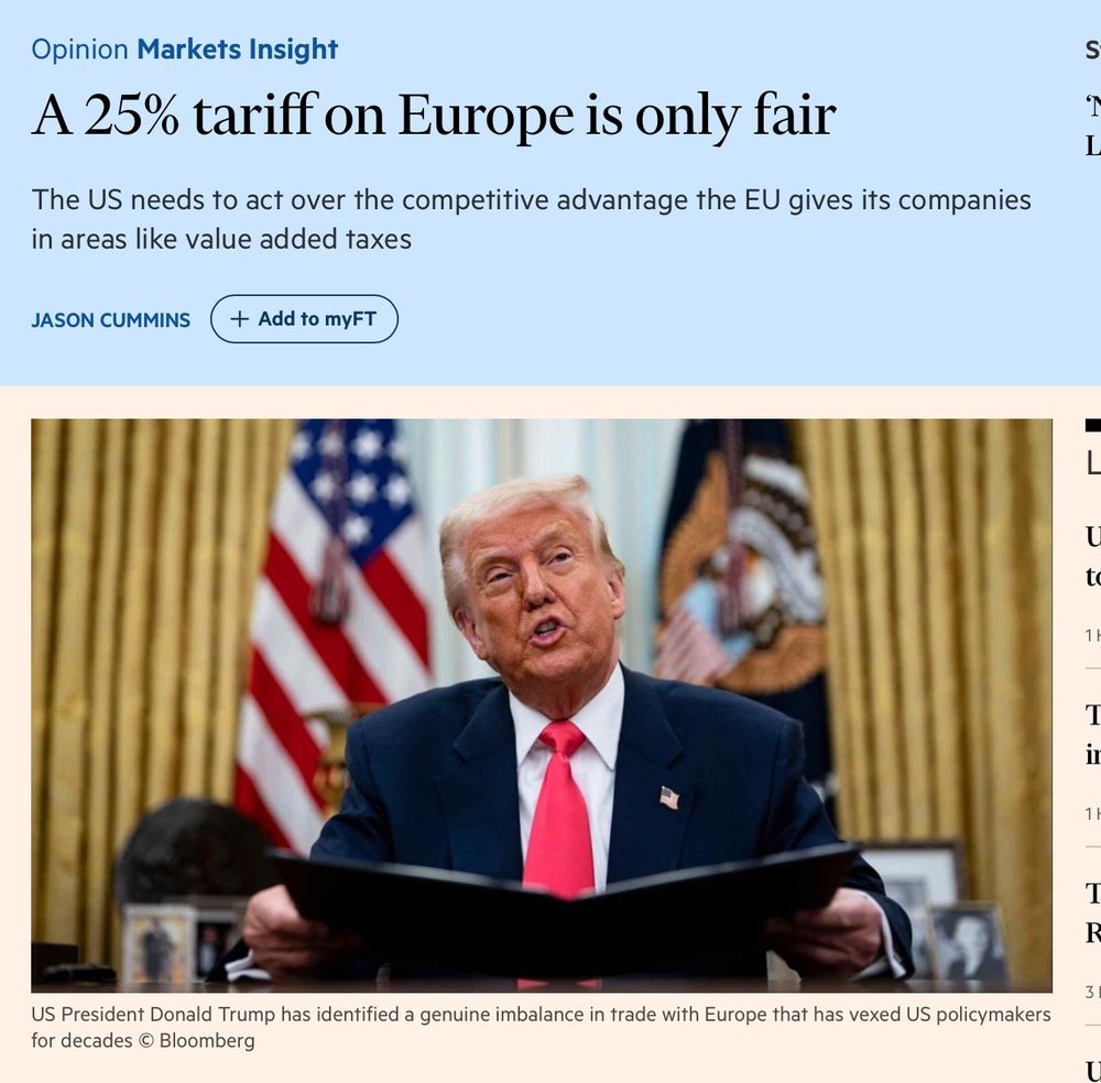An article saying that imposing a 25% tariff on goods from the EU is only fair because they impose VAT on US goods sold in the EU