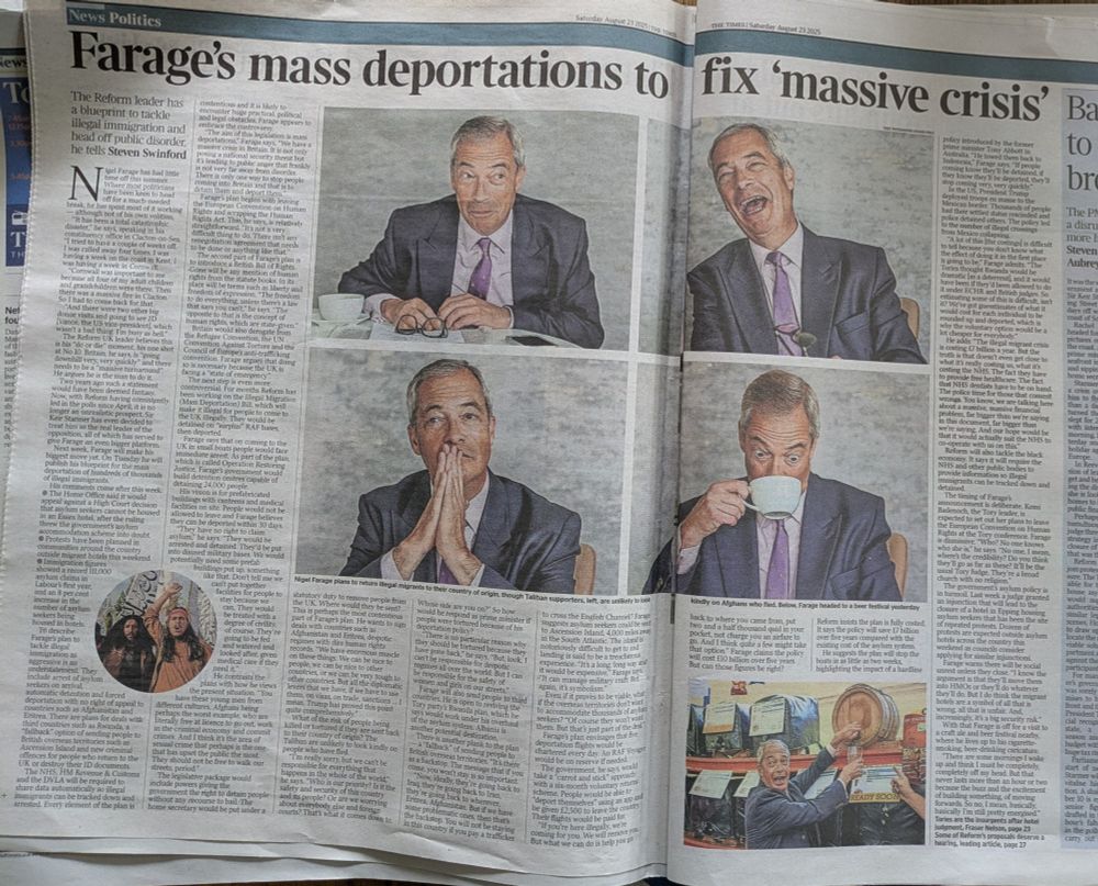 Double page spread in The Times on Farage's plan for mass deportations. 