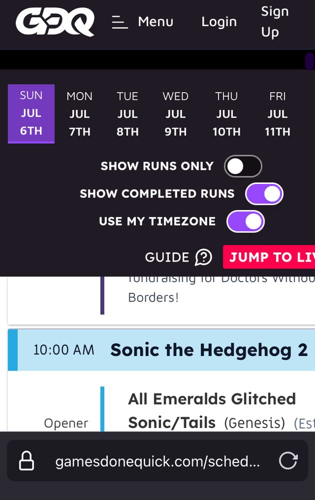 An image showing the mobile version SGDQ schedule with the options taking more screenspace than the schedule itself