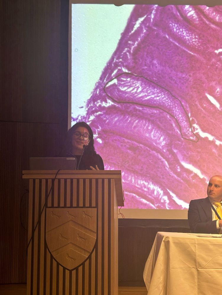 Distinguished surgeon Miss Noorani stands at a podium in a black dress mid anecdote during her talk 