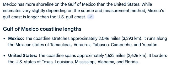 Mexico has more shoreline on the Gulf of Mexico than the United States
according to Google Gemini AI.