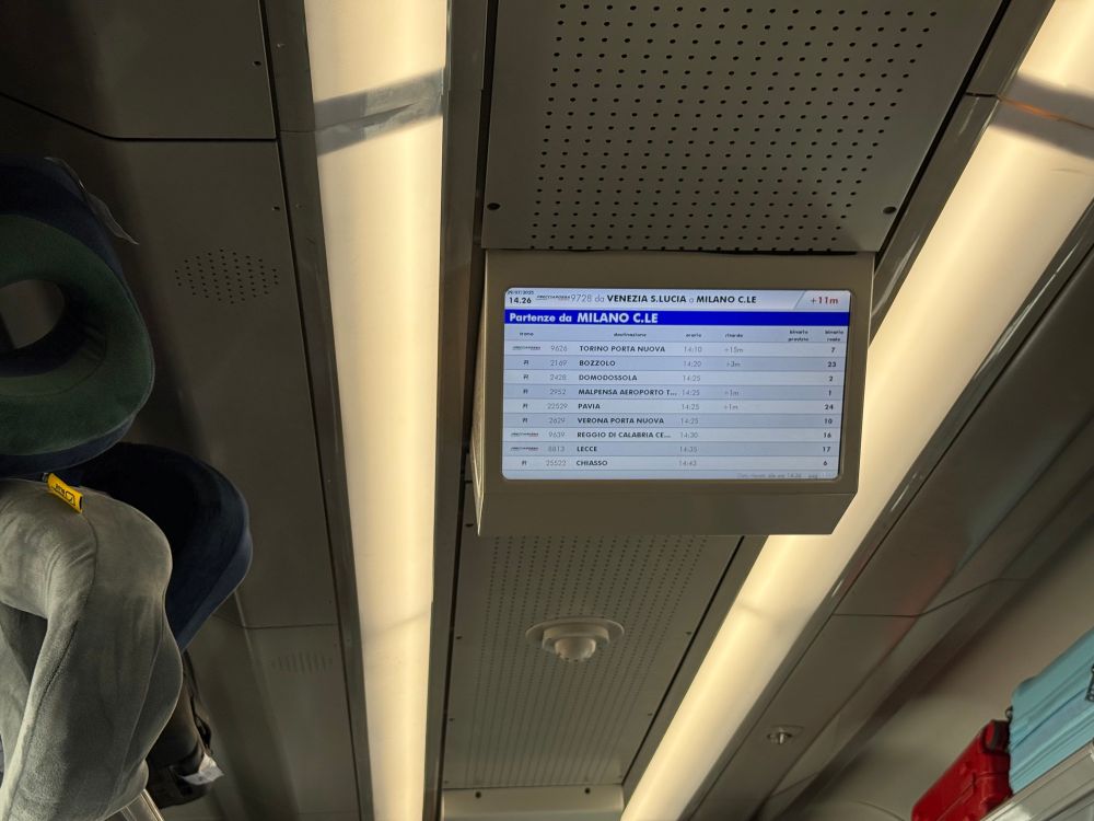 Photo of information screen on Italy’s high speed train.