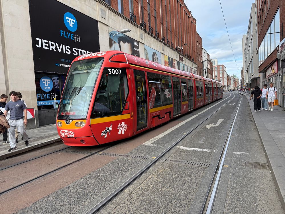A photo of a streetcar-first street in Dublin.