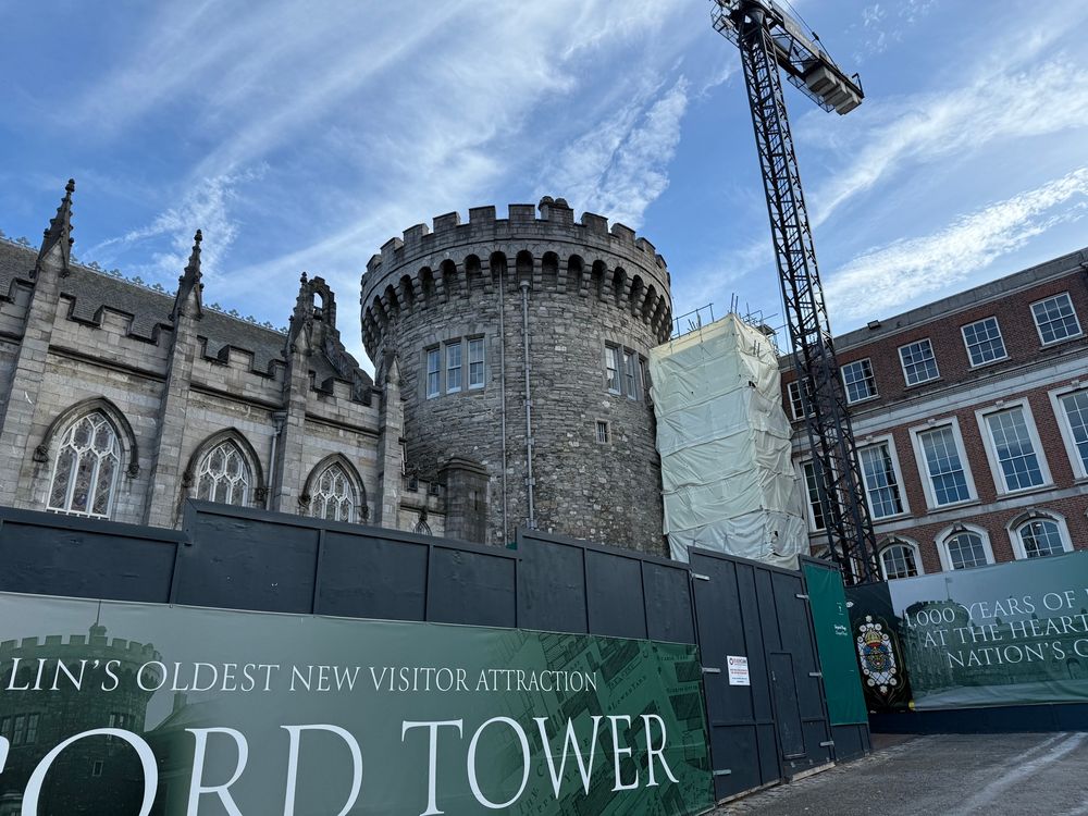 A 13th century medieval tower in Dublin Castle connected with two buildings built in the 18th and 19th centuries
