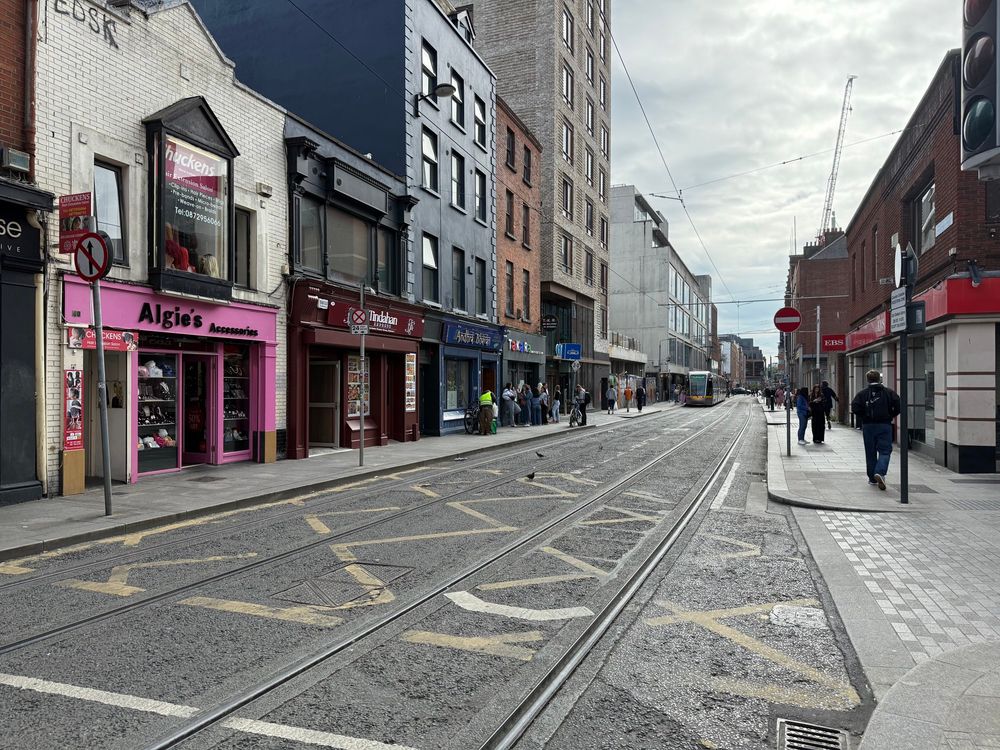 Photo of a streetcar-dominated street in Dublin.