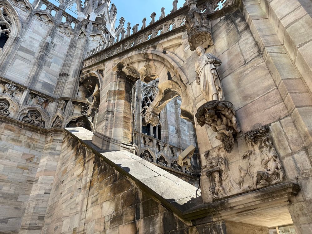 Exterior of Duomo Cathedral in Milan showing effects of pollution on the marble.