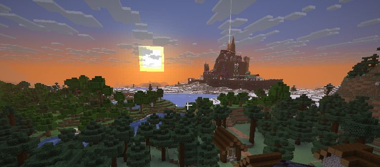 A minecraft screenshot shows a black castle in an ice field looming over a forested village