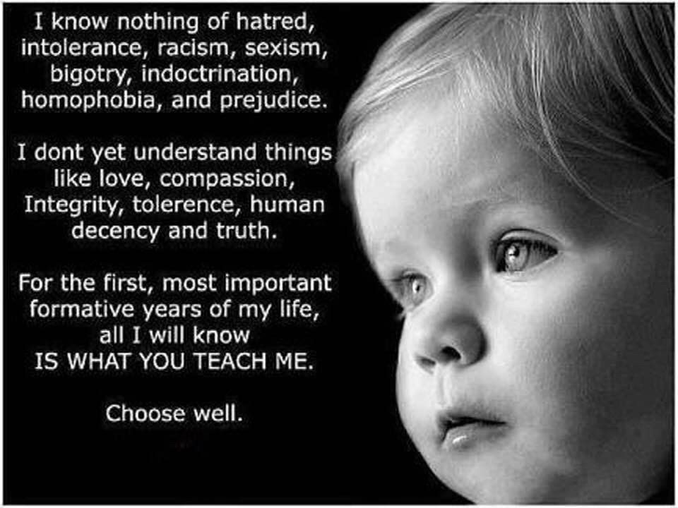 I know nothing of hatred, intolerance, racism, sexism, bigotry, indoctrination, homophobia, and prejudice.
I dont yet understand things like love, compassion,
Integrity, tolerence, human decency and truth.
For the first, most important formative years of my life, all I will know
IS WHAT YOU TEACH ME.
Choose well.