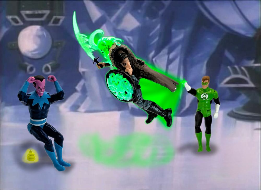 Green Lantern (Superfriends) conjures up a floating Crystal Ball (GI Joe Classified) with all his green bits glowing bright. Sinestro (Superfriends) poops a little yellow fear poop in response.