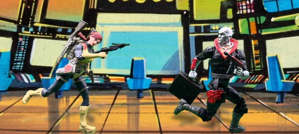 Scarlett, laden with weapons, chases a briefcase-carrying Destro across the Cobra control room.