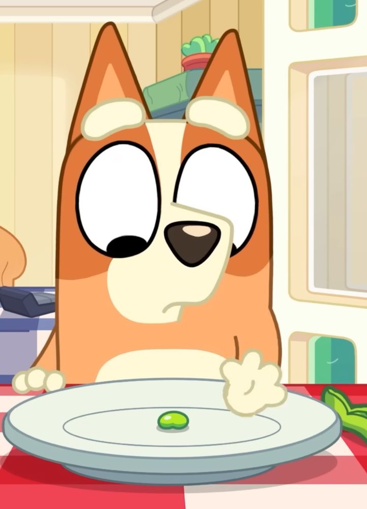 Bingo from Bluey staring suspiciously at a single edamame on a plate.