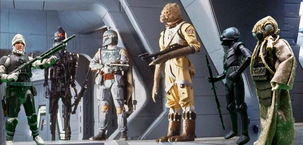 The bounty hunters from The Empire Strikes Back, with Dengar, Zuckuss, and 4-LOM replaced by their Black Series counterparts.