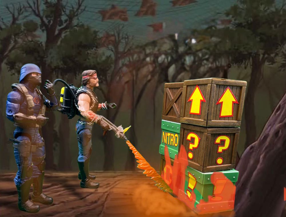 Torch instructs a Cobra Trooper on the delicate art of setting fire to things, in this case, a stack of Crash Bandicoot crates.